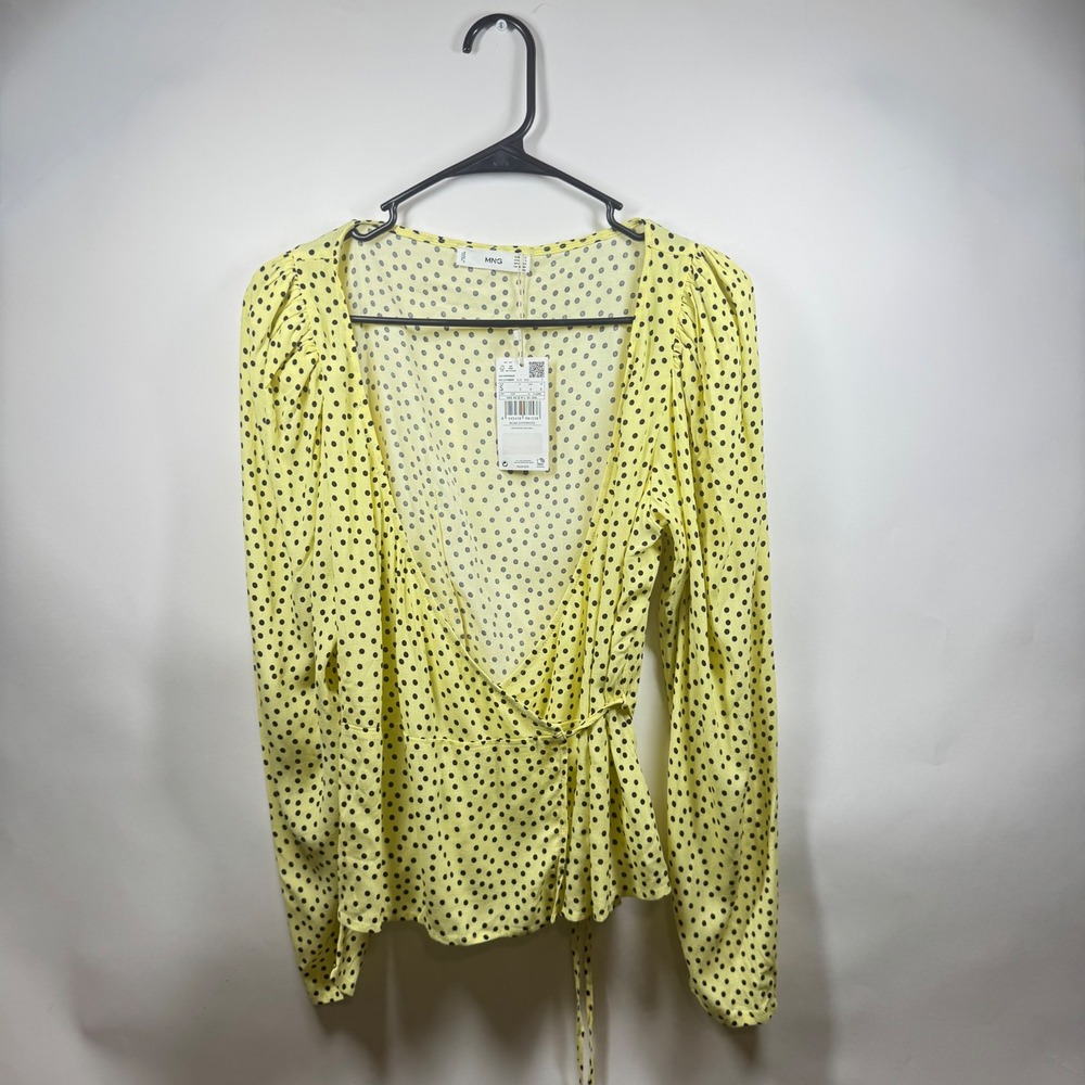 Mango MNG Yellow Polka Dot Wrap Blouse Long Sleeve V-Neck Top Size 4 New